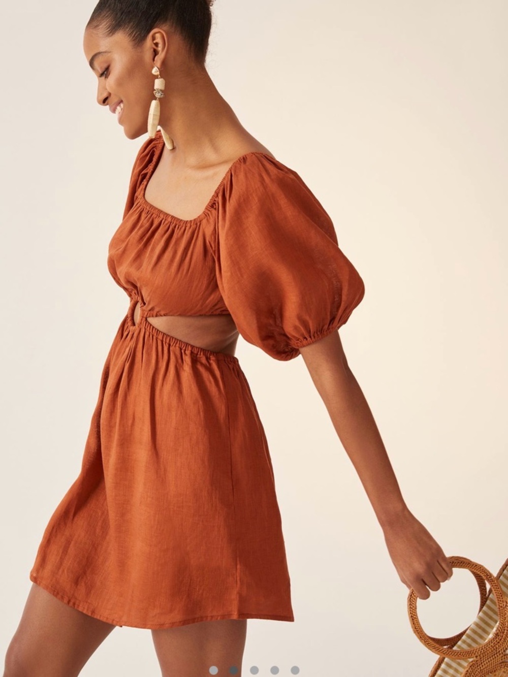 Faithfull the Brand Square Neck Rust Puff-Sleeve Cutout Mini Dress Size S/4